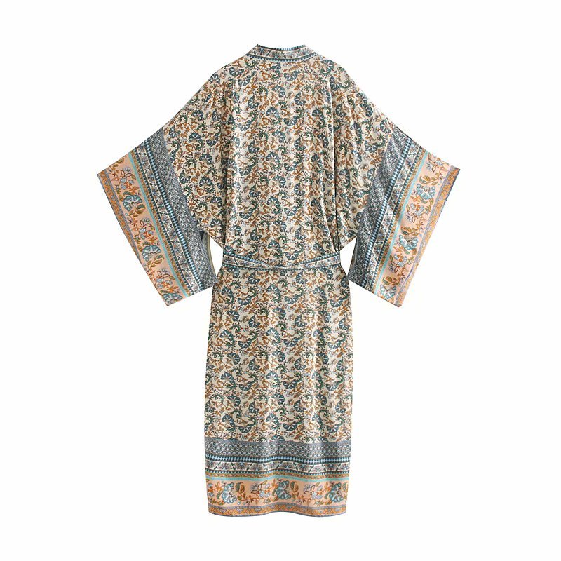 Vintage Chic Women Floral Print Batwing Sleeve Beach Bohemian Kimono Dress Ladies V Neck