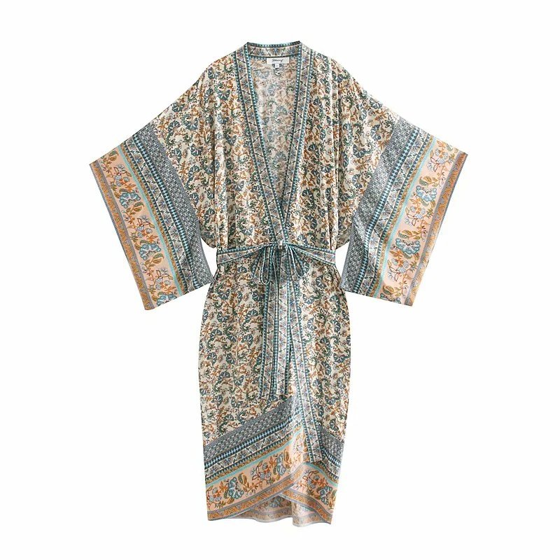 Vintage Chic Women Floral Print Batwing Sleeve Beach Bohemian Kimono Dress Ladies V Neck
