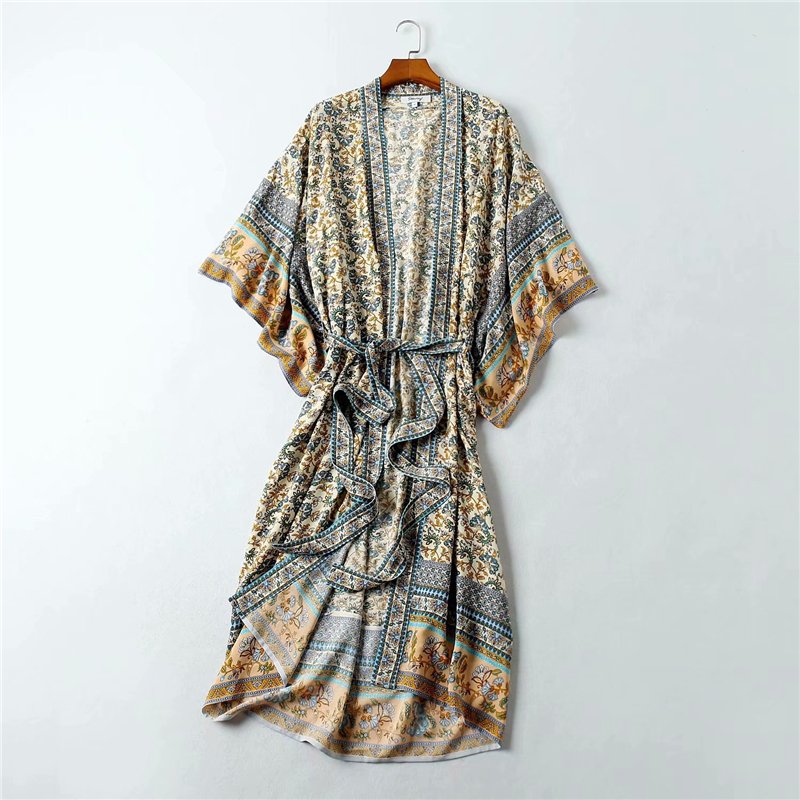Vintage Chic Women Floral Print Batwing Sleeve Beach Bohemian Kimono Dress Ladies V Neck