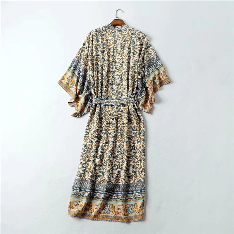 Vintage Chic Women Floral Print Batwing Sleeve Beach Bohemian Kimono Dress Ladies V Neck