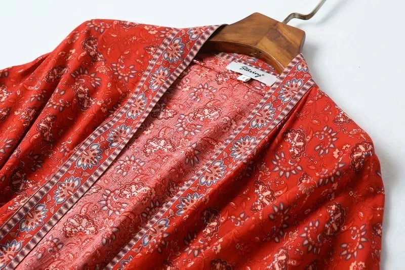 Vintage Chic Women Floral Print Batwing Sleeve Beach Bohemian Kimono Dress Ladies V Neck