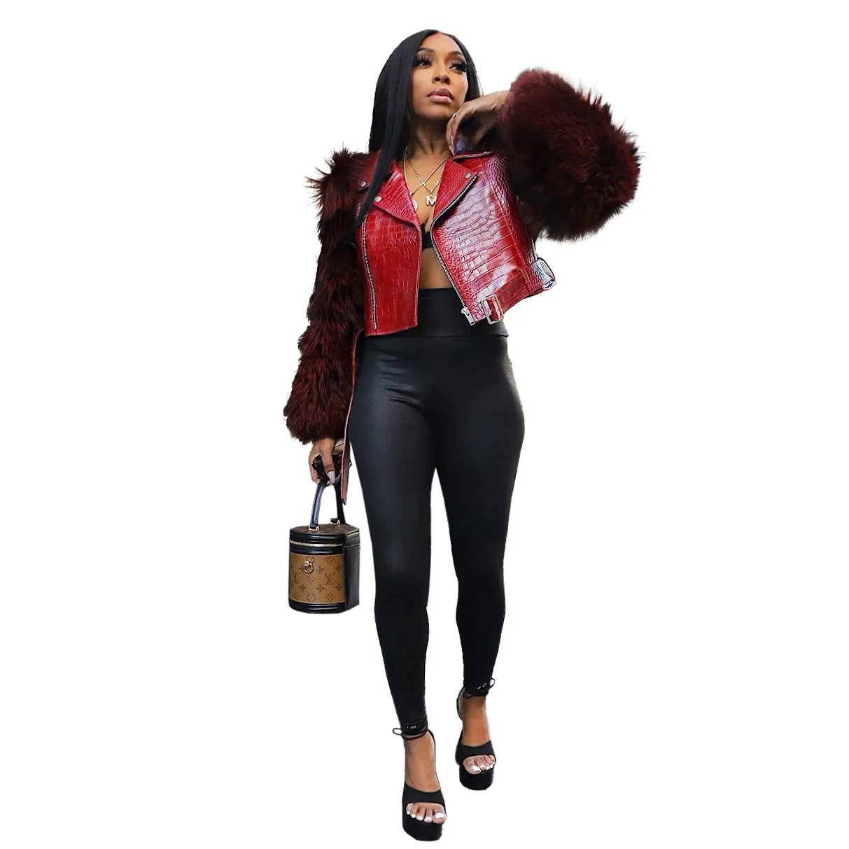 Faux Fur Patchwork Leather Motorcycle Jacket