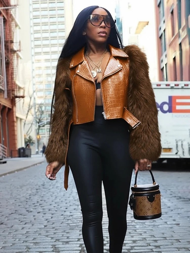 Faux Fur Patchwork Leather Motorcycle Jacket