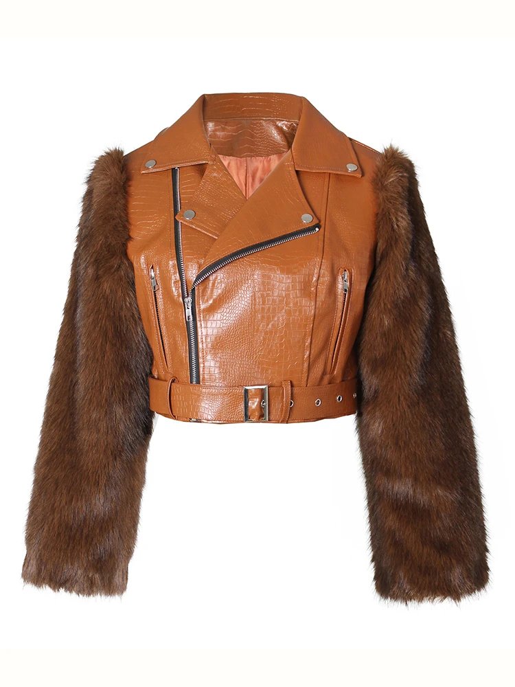 Faux Fur Patchwork Leather Motorcycle Jacket