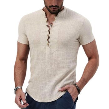 Men's Short Sleeve  V neck button Cotton Linen Shirt
