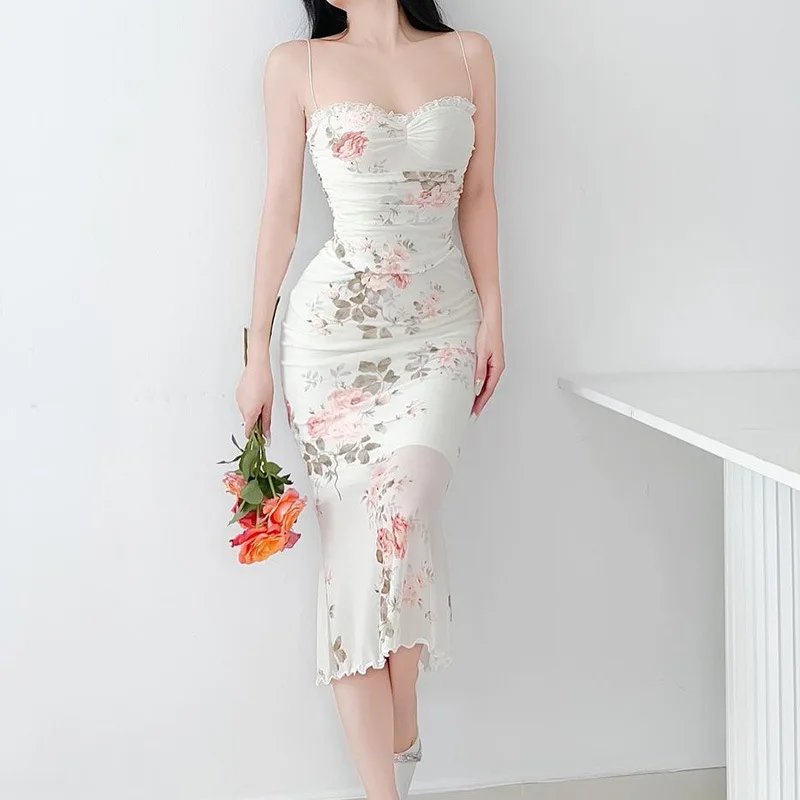 Elegant Flower Print Suspender Dress
