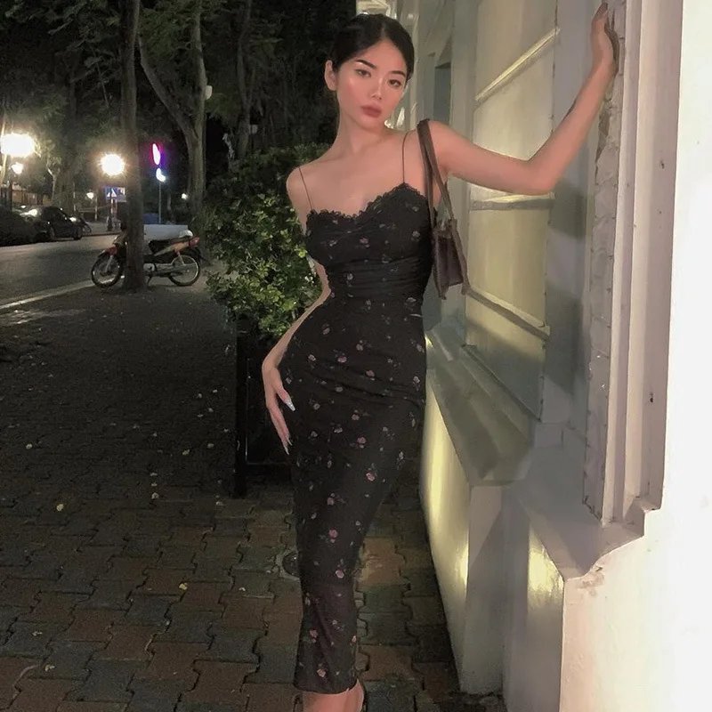 Elegant Flower Print Suspender Dress