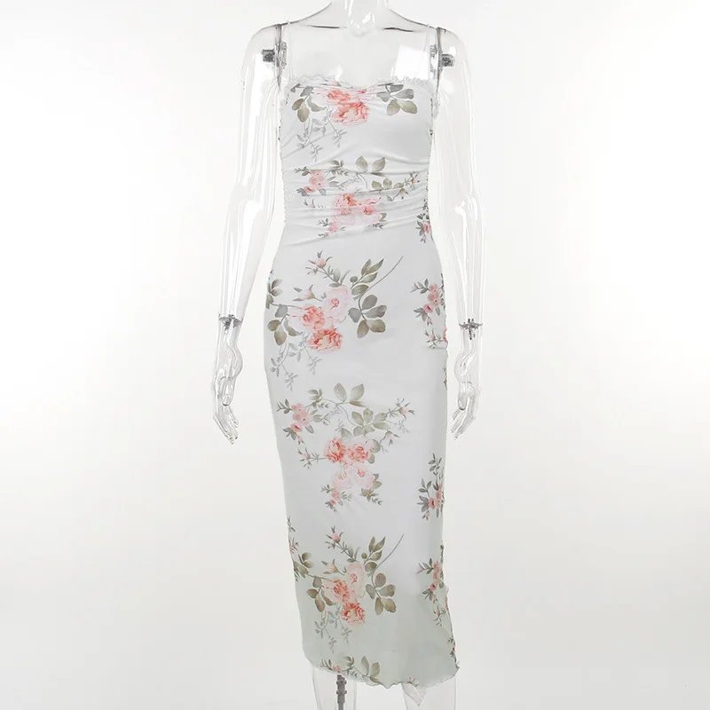 Elegant Flower Print Suspender Dress