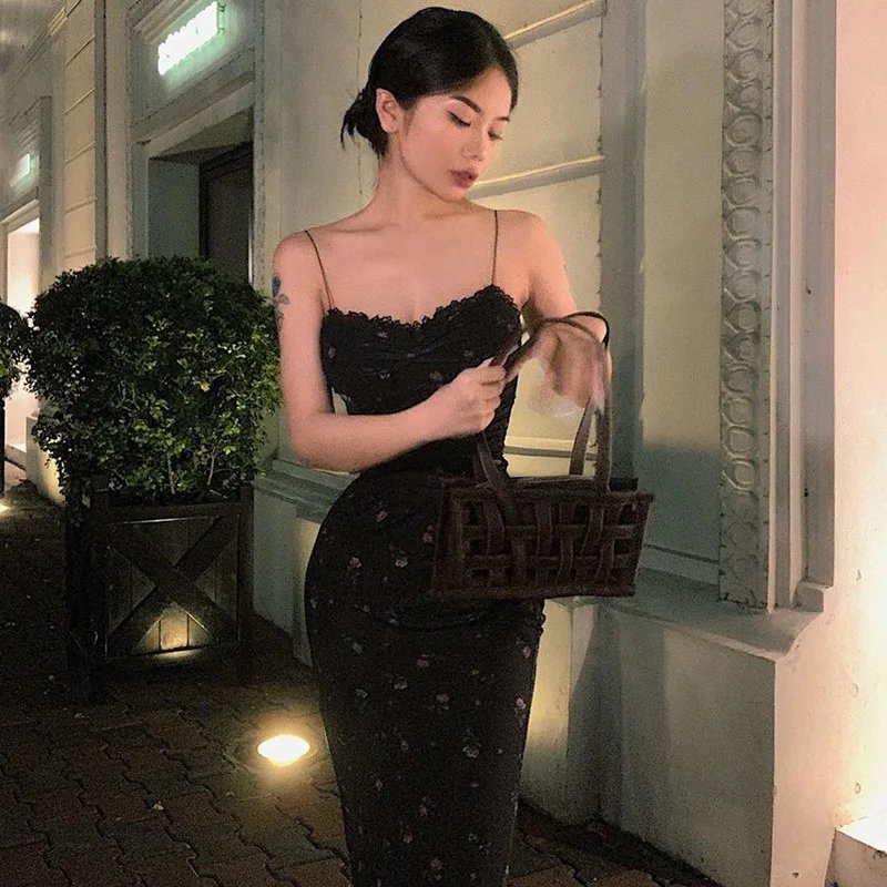 Elegant Flower Print Suspender Dress