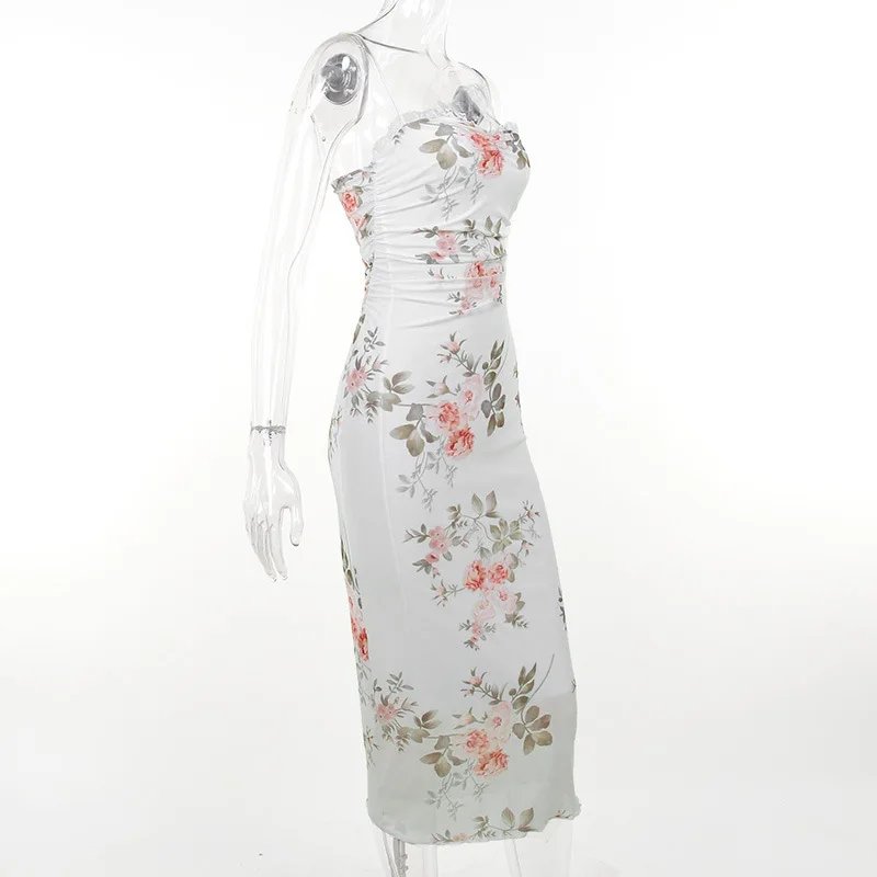 Elegant Flower Print Suspender Dress