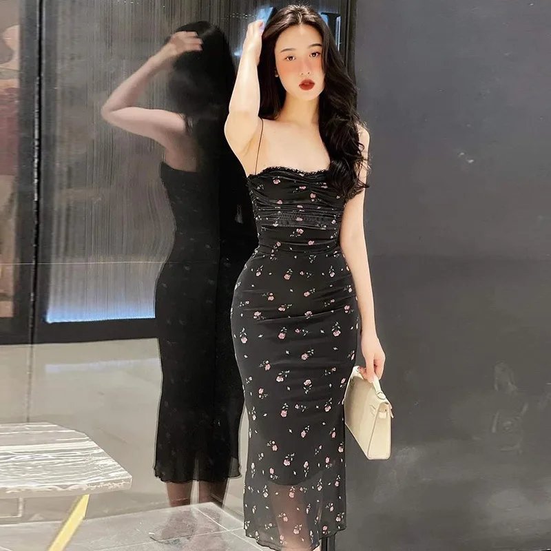 Elegant Flower Print Suspender Dress