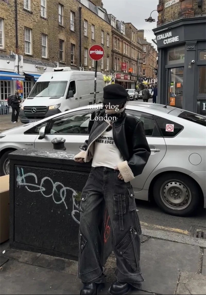 Women's Black Gothic Baggy Cargo Jeans