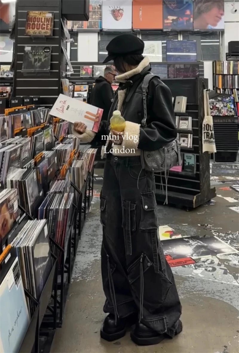 Women's Black Gothic Baggy Cargo Jeans