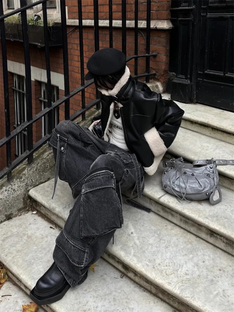 Women's Black Gothic Baggy Cargo Jeans