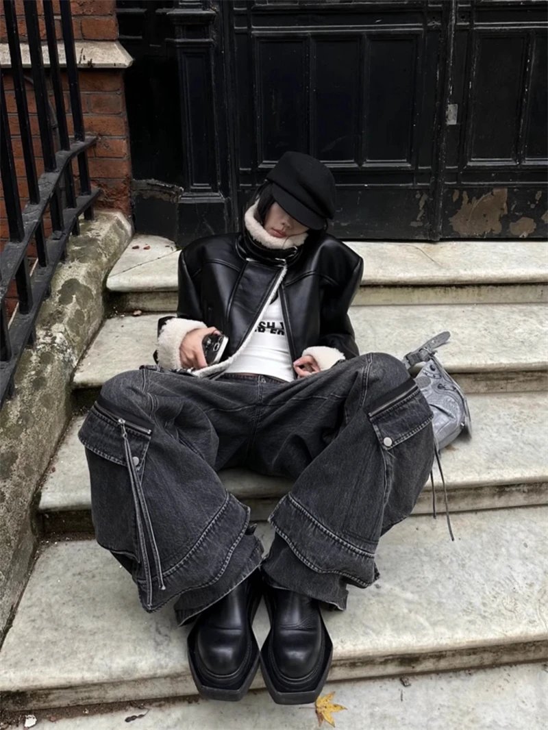 Women's Black Gothic Baggy Cargo Jeans