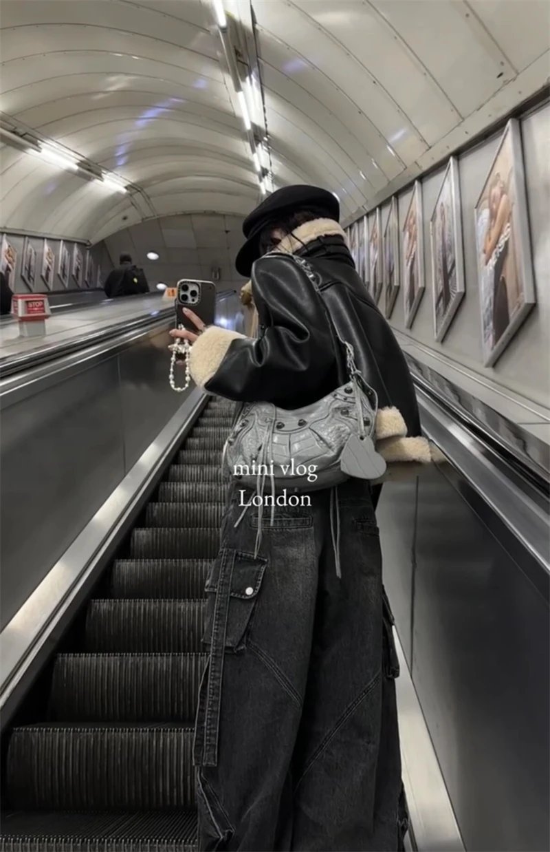 Women's Black Gothic Baggy Cargo Jeans