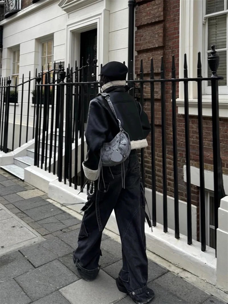 Women's Black Gothic Baggy Cargo Jeans