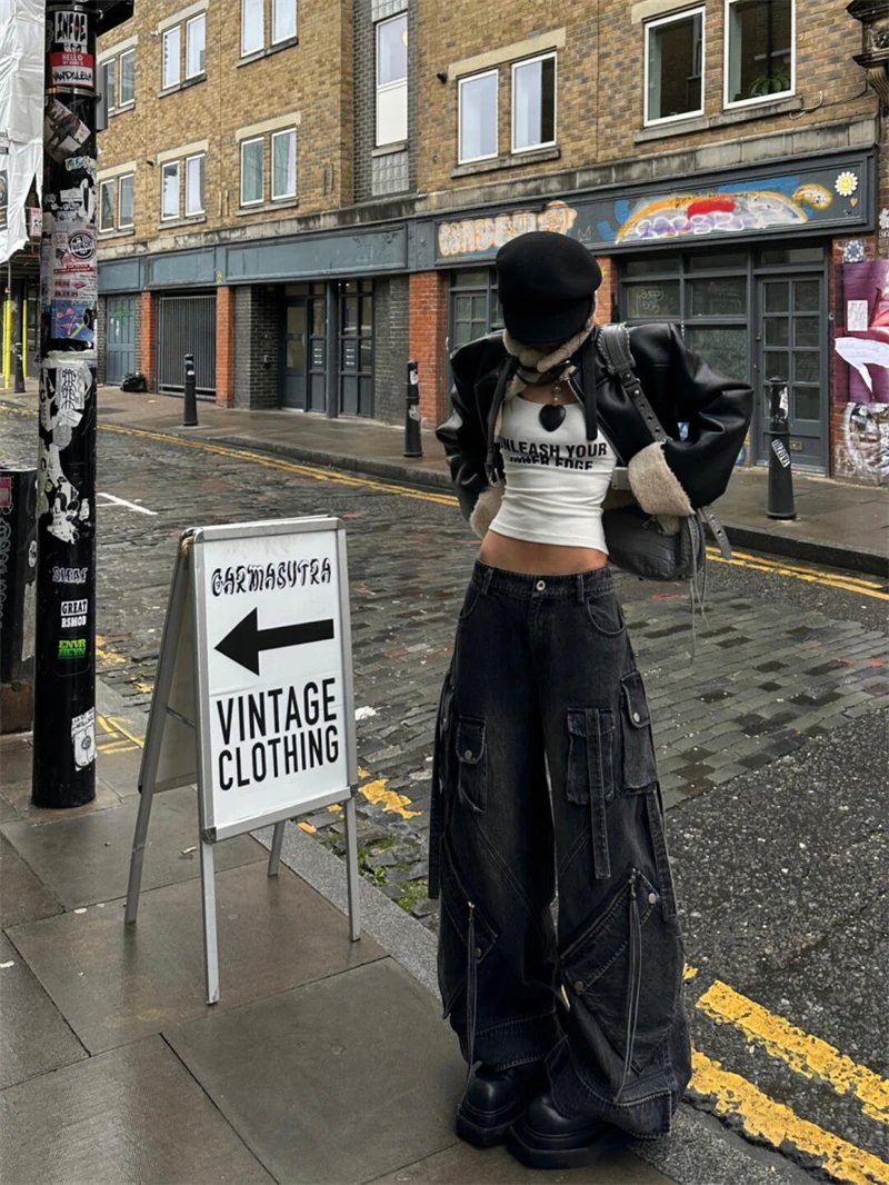 Women's Black Gothic Baggy Cargo Jeans