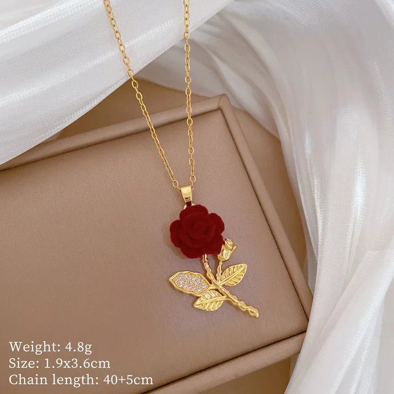 Fashion Red Rose Flower Pendant Necklace