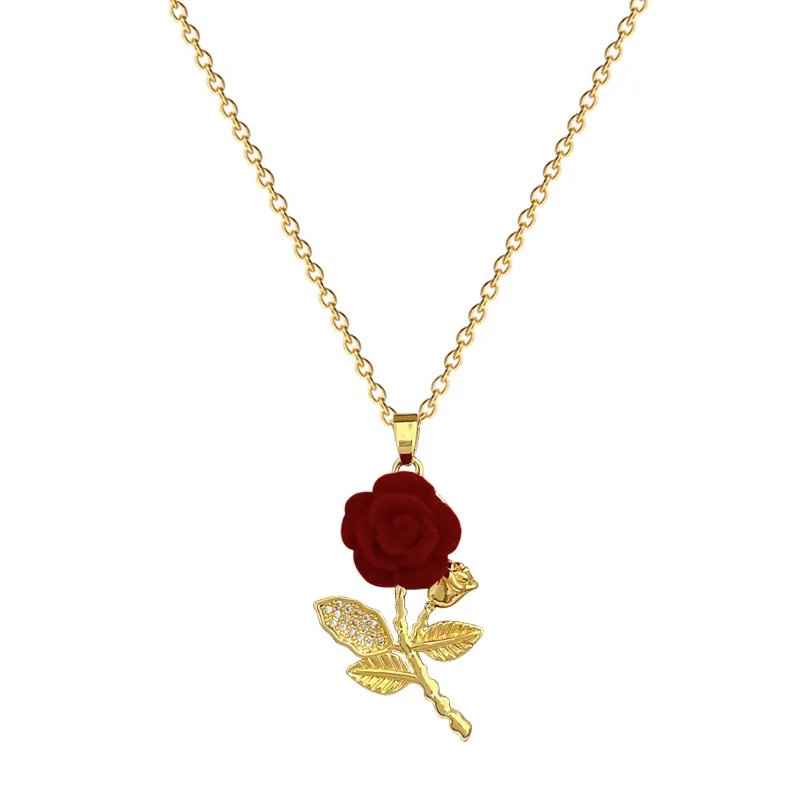 Fashion Red Rose Flower Pendant Necklace