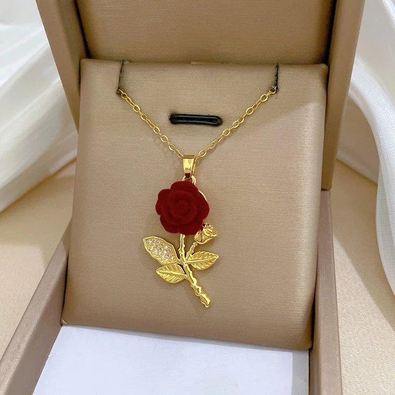 Fashion Red Rose Flower Pendant Necklace