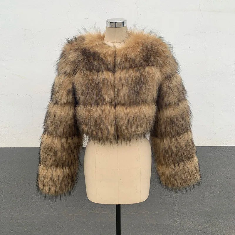 High Quality Cropped Faux Raccoon Fur Coat Women