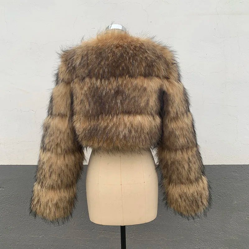 High Quality Cropped Faux Raccoon Fur Coat Women