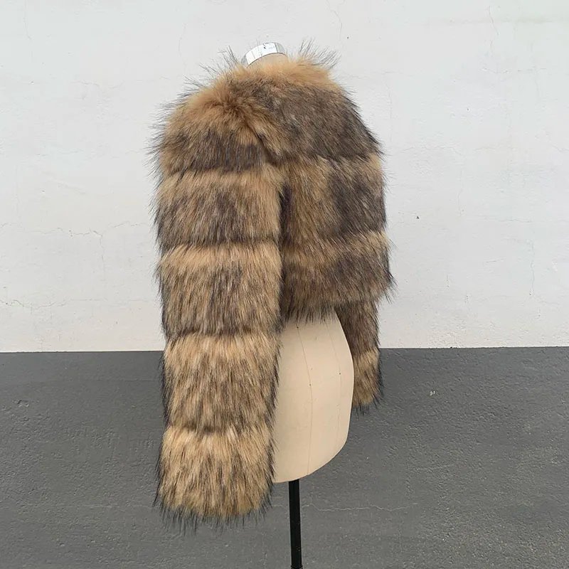 High Quality Cropped Faux Raccoon Fur Coat Women