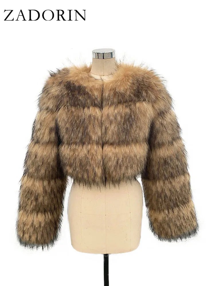 High Quality Cropped Faux Raccoon Fur Coat Women
