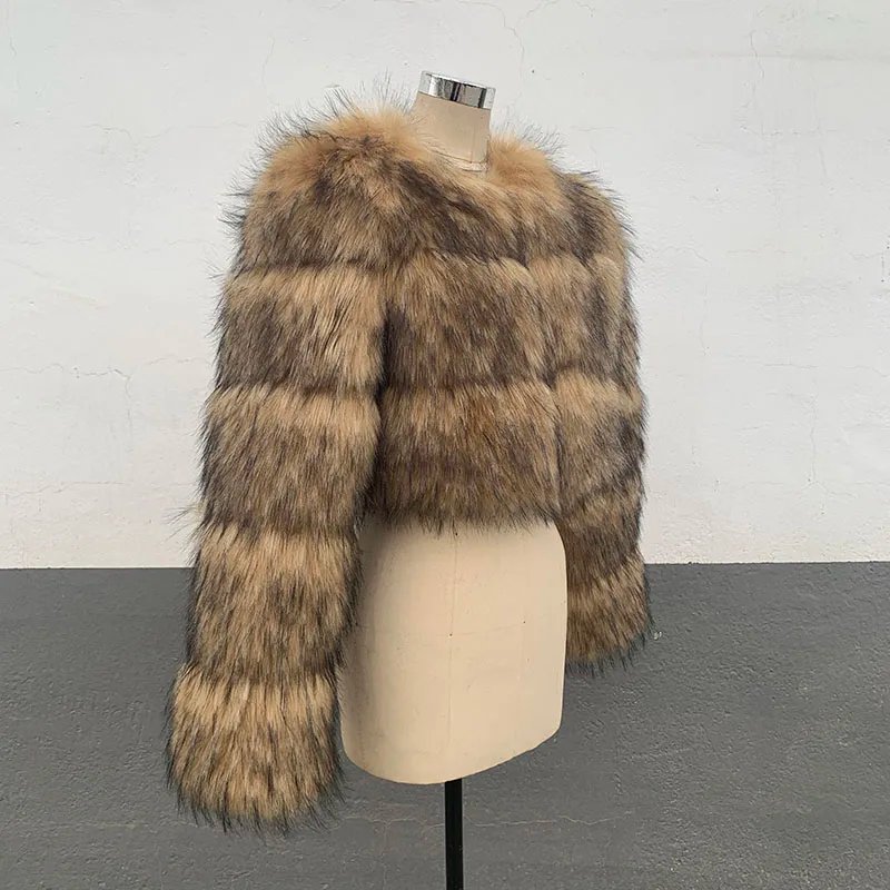 High Quality Cropped Faux Raccoon Fur Coat Women