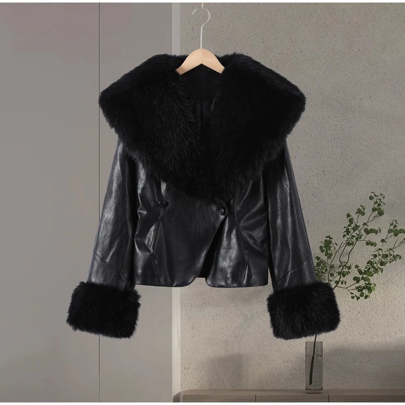 Black Faux Fur Collar Leather Jacket Elegant