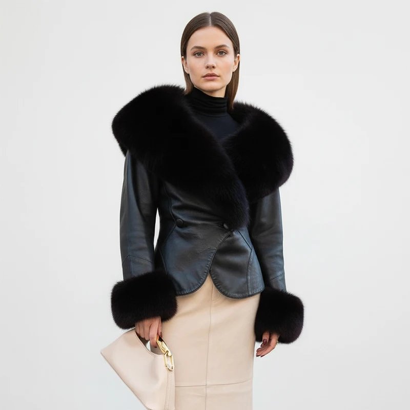 Black Faux Fur Collar Leather Jacket Elegant