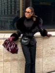 Black Faux Fur Collar Leather Jacket Elegant