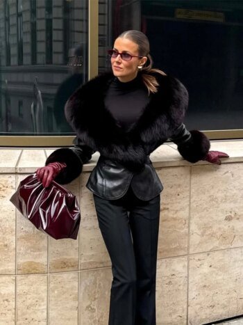 Black Faux Fur Collar Leather Jacket Elegant