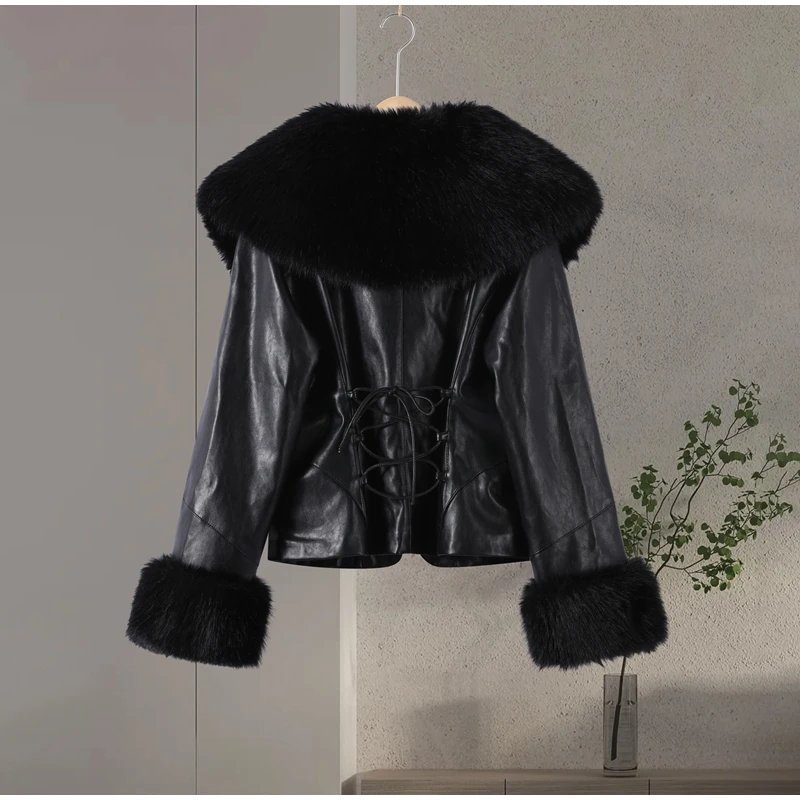 Black Faux Fur Collar Leather Jacket Elegant