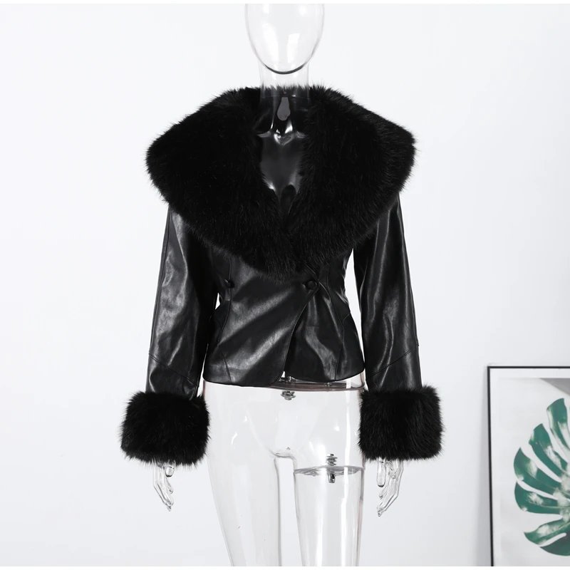 Black Faux Fur Collar Leather Jacket Elegant