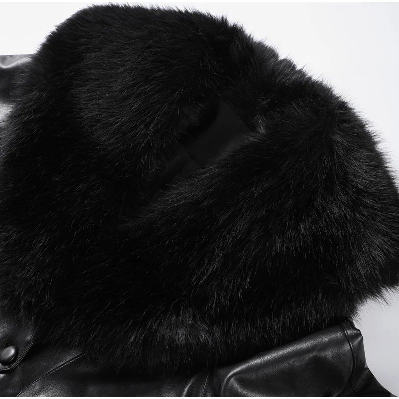 Black Faux Fur Collar Leather Jacket Elegant