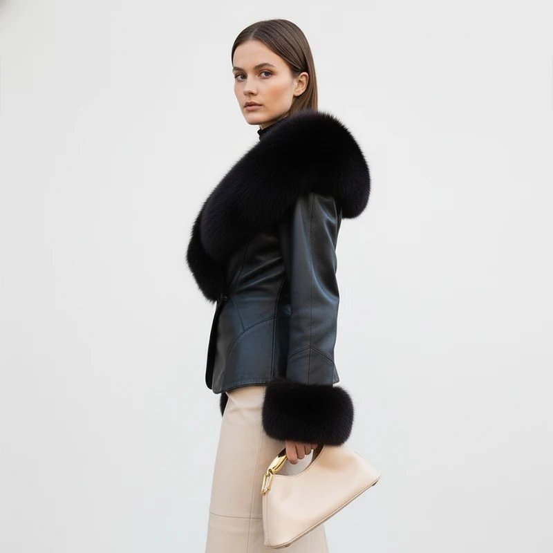 Black Faux Fur Collar Leather Jacket Elegant