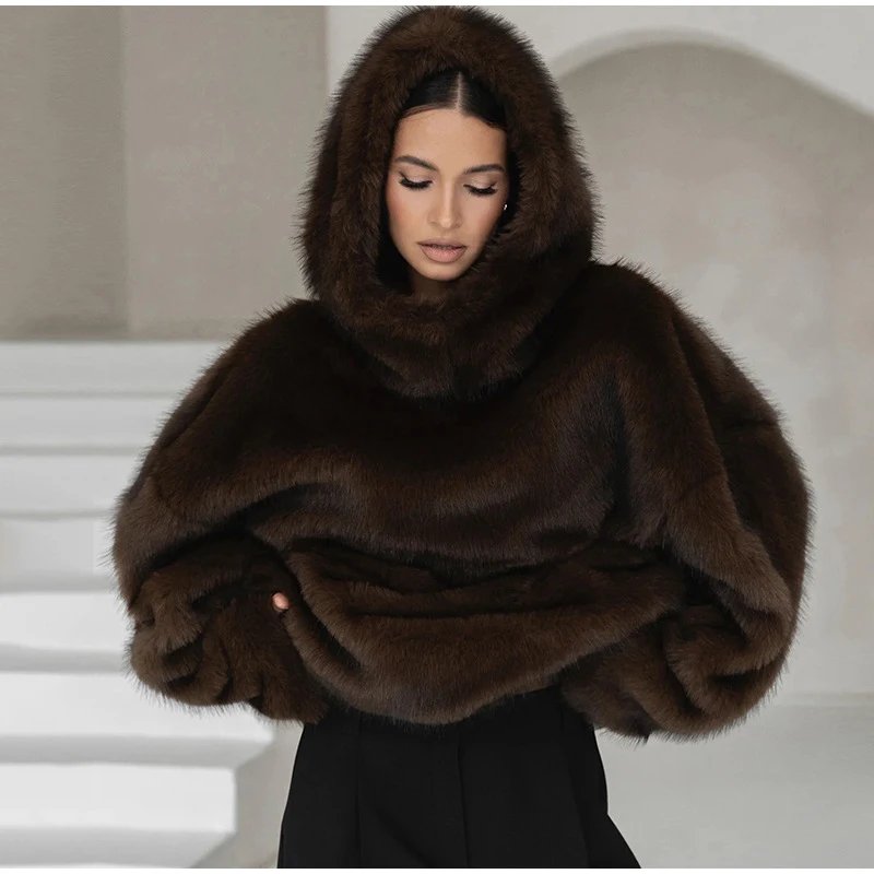 Winter Brown Faux Fur Hooded Women's Coat