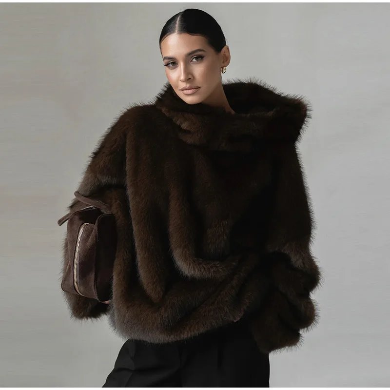 Winter Brown Faux Fur Hooded Women's Coat