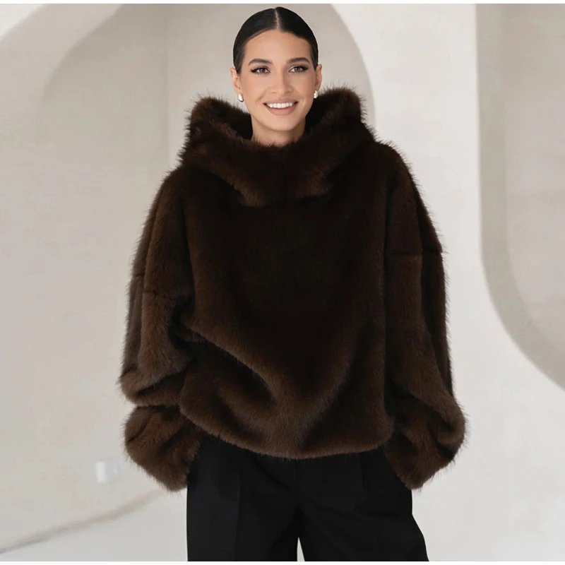 Winter Brown Faux Fur Hooded Women's Coat