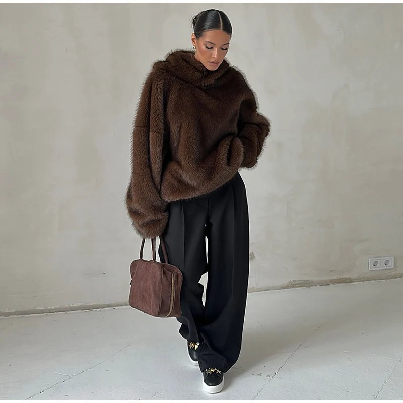 Winter Brown Faux Fur Hooded Women's Coat