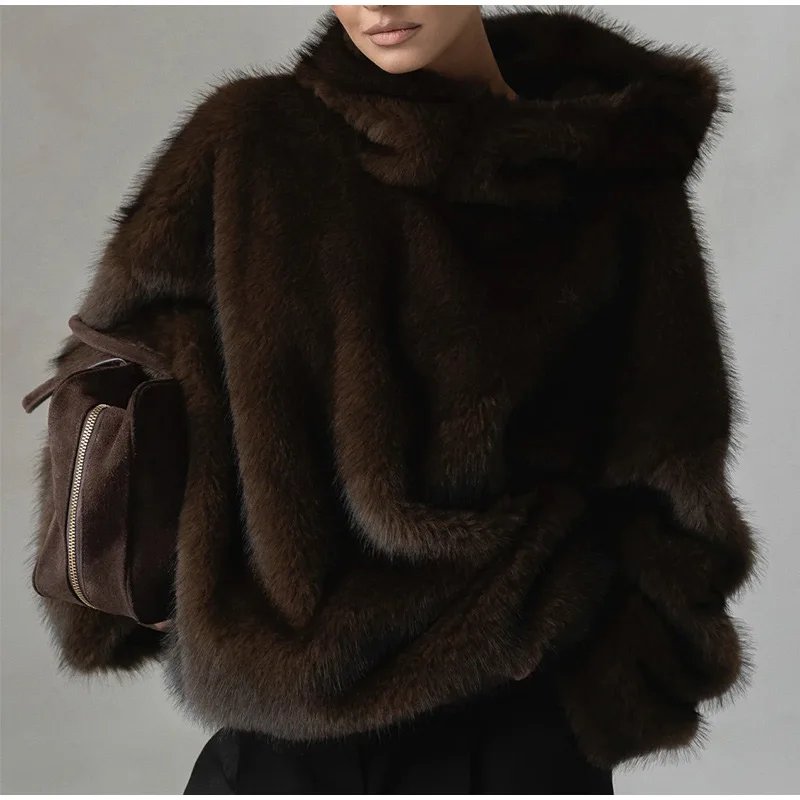 Winter Brown Faux Fur Hooded Women's Coat