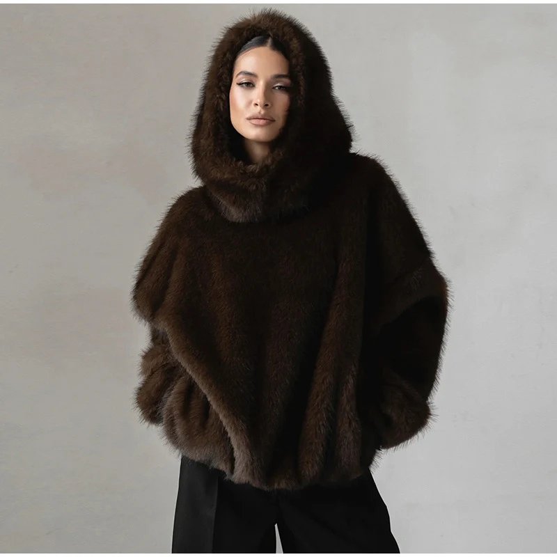 Winter Brown Faux Fur Hooded Women's Coat