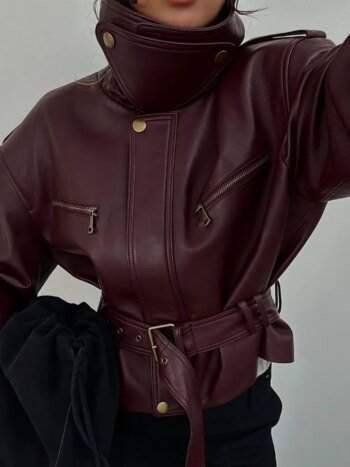 Women Solid Burgundy Waist Cinching Jacket