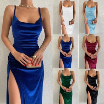 Velvet  Sleeveless Slip Sexy Slit Maxi Dress