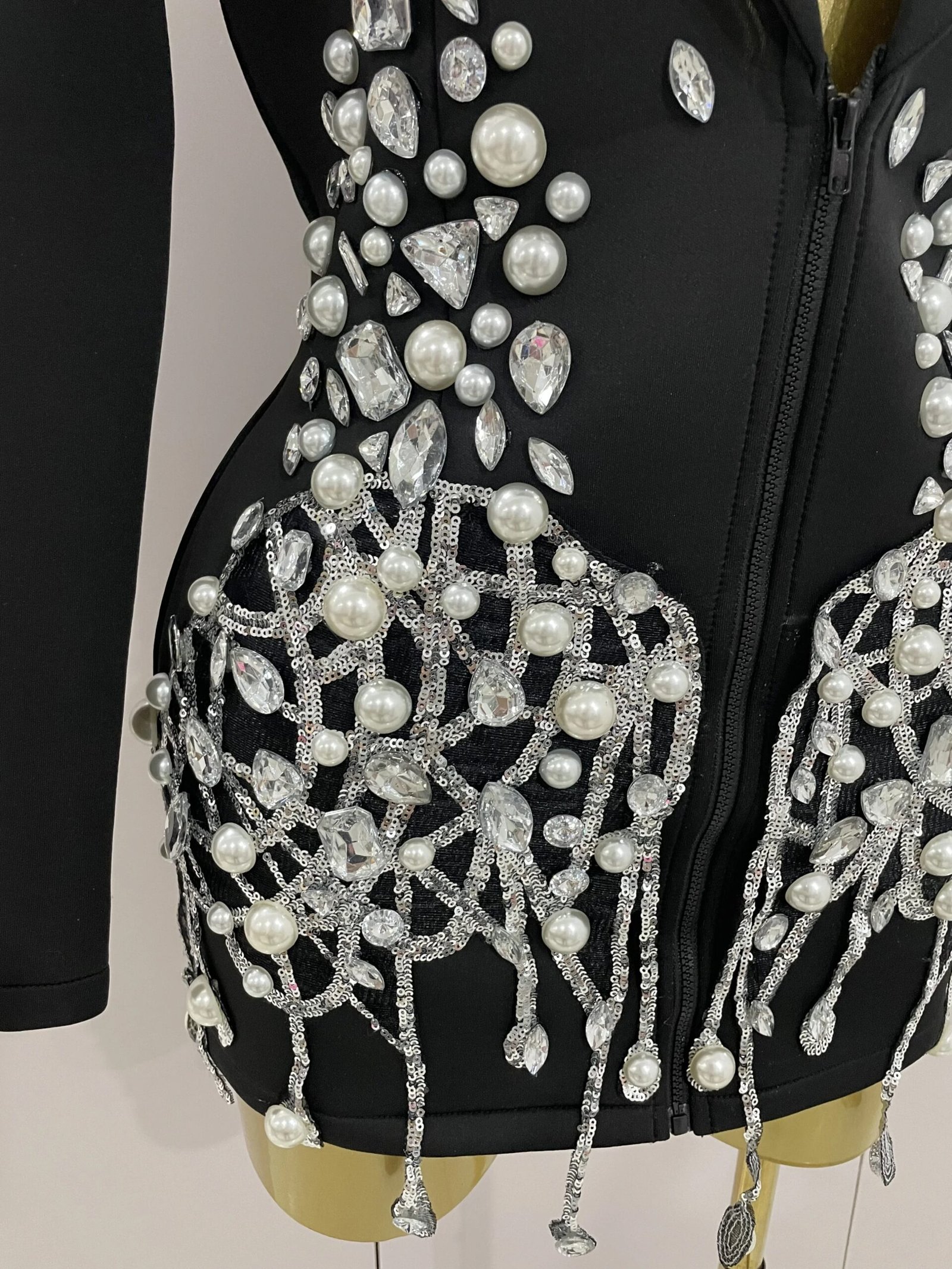 Sparkly Crystal Chains Pearls Long Sleeve Mini Dress