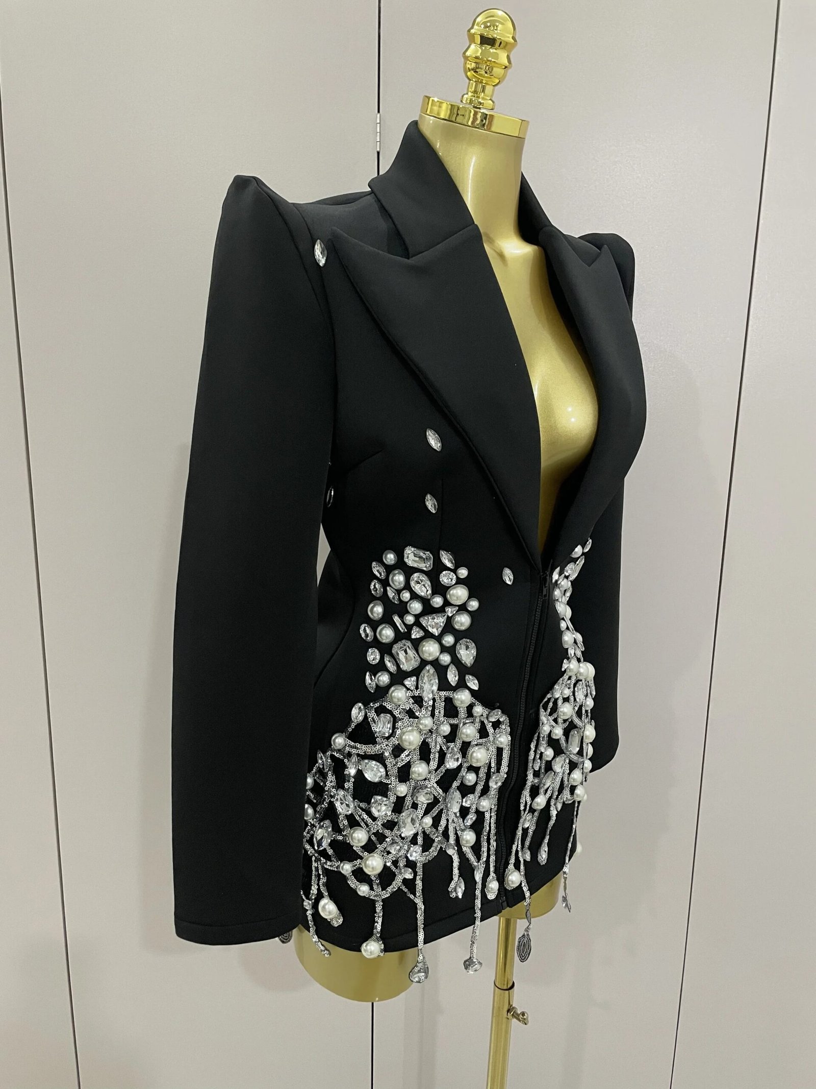 Sparkly Crystal Chains Pearls Long Sleeve Mini Dress