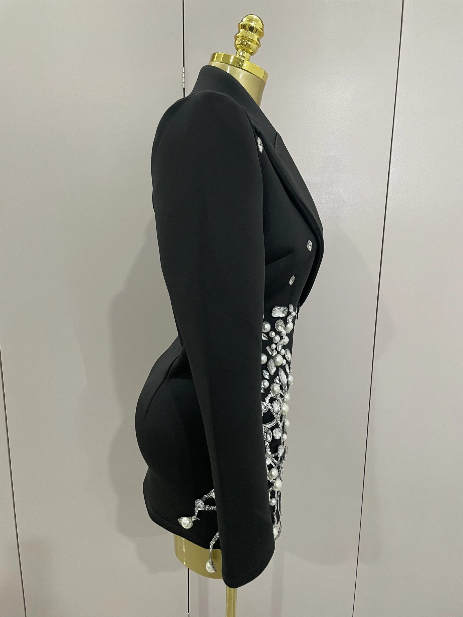 Sparkly Crystal Chains Pearls Long Sleeve Mini Dress