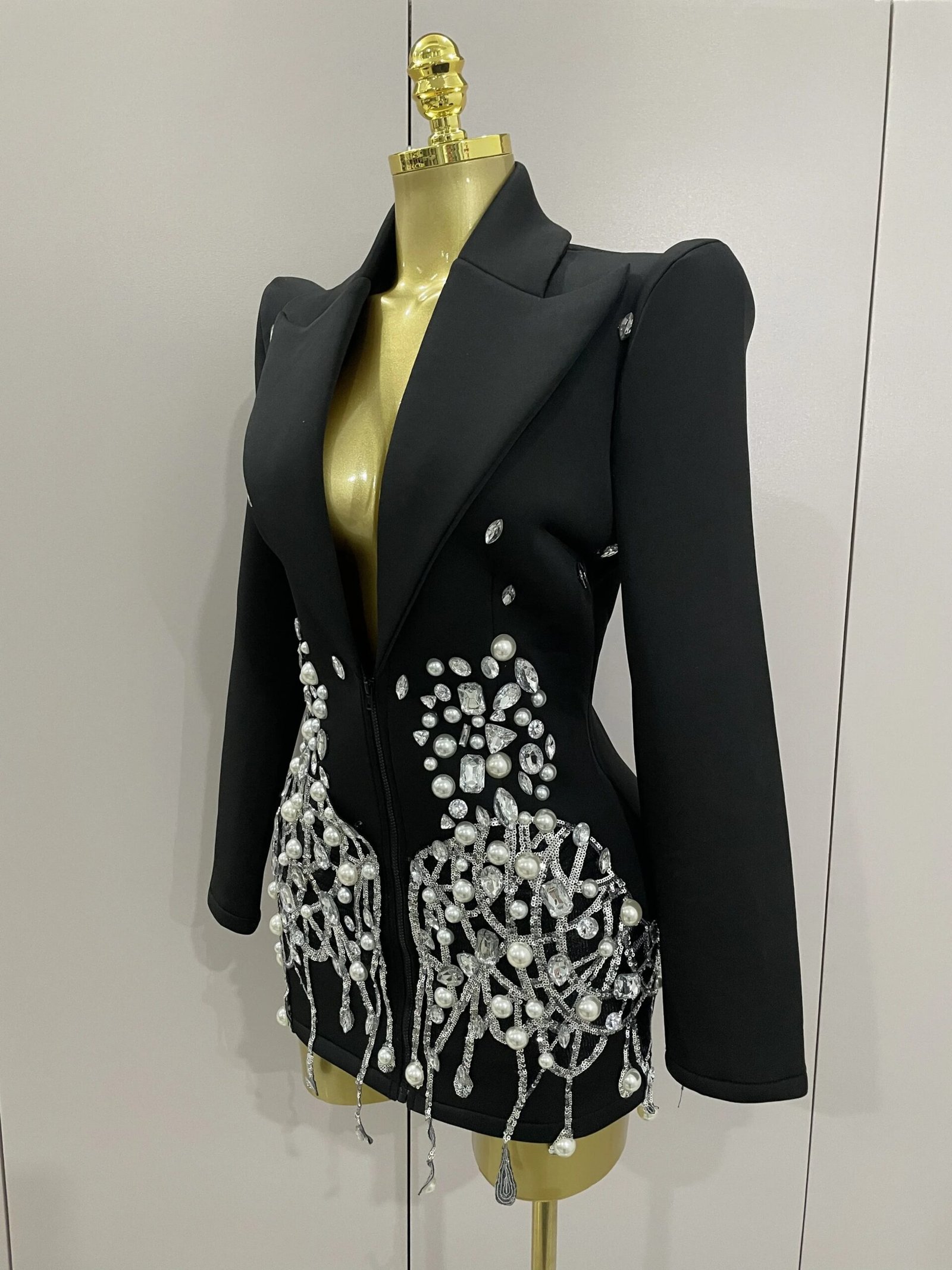 Sparkly Crystal Chains Pearls Long Sleeve Mini Dress